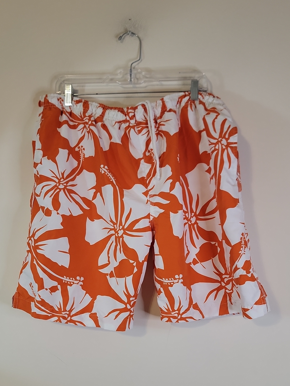 Men's Orange & White Floral Swim Trunks with Elastic Waist